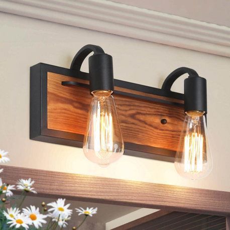 LALUZ 2-Light Farmhouse Black and Distressed Brown Wood Bathroom Vanity Light