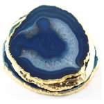 Stephen D. Evans - Teal Blue Agate Coasters (Set of 4), Gold - This set of teal blue stone coasters have gold edges for a finished look. Each agate coaster is unique with a beautiful teal blue on the outside and lighter white swirl of blue and white crystals in the middle.