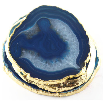 Teal Blue Agate Coasters (Set of 4), Gold
