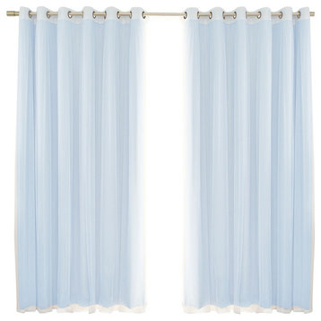 2 Piece Mix and Match Wide Tulle Sheer Lace Blackout Curtain Set, Sky Blue
