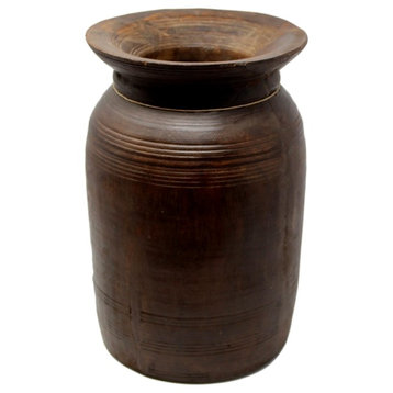 Rustic Vintage Solid Wood Jug Vase, 13" Vessel Antique Reclaimed Carved Teak
