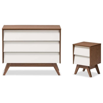 Home Square 2 Piece Set with 3 Drawer Chest and Nightstand in White and Walnut
