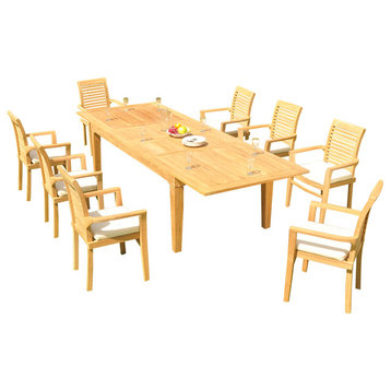 9-Piece Outdoor Teak Dining Set: 122" Rectangle Table, 8 Mas Stacking Arm Chairs