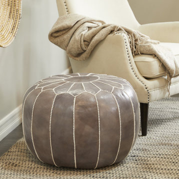 Farmhouse Pouf, Genuine Leather Upholstery & White Floral Stitching, Gray