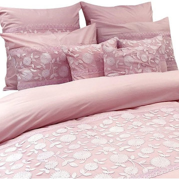 Queen Duvet Cover 8 Pc set in Soft Pink Cotton, Lace Embroidery, Pink, Lace