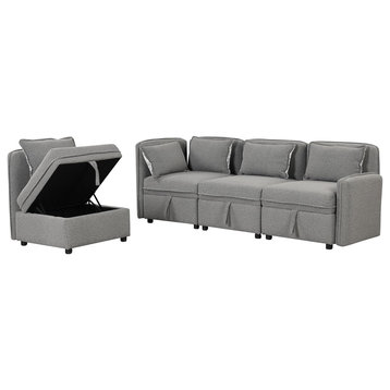 Comfortable Sofa, Modular Design With Chenille Upholstered Storage Seat, Cream, Gray
