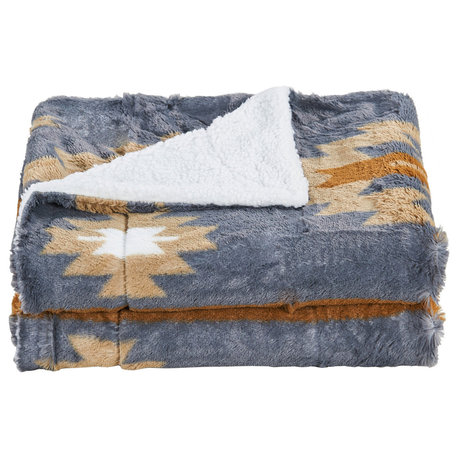 Southwest Faux Fur & Sherpa Backing Throw Blanket, Gray, 60" X 80"