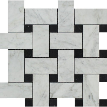 Carrara Honed Marble Large Basketweave Mosaic (With Black Dots), 10 sq.ft.