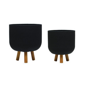 Modern Metal Planters with Wood Legs, Set of 2 Sizes, Black and Natural