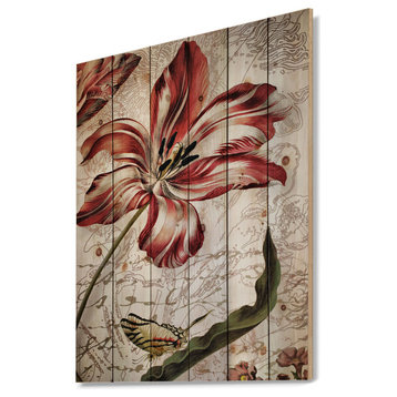 Designart Red Floral Butterfly Floral Wood Print Art On Natural Pine Wood 46x36