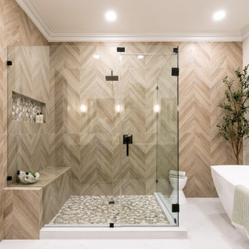 Shower Area with Textured Tile and Niche for a Modern Touch