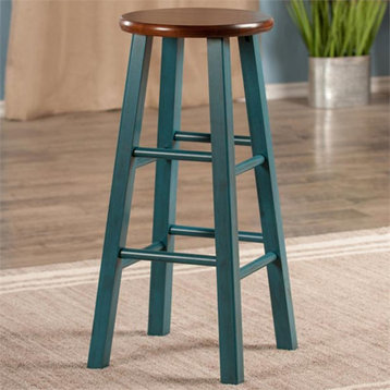 Pemberly Row 29.1" Transitional Solid Wood Bar Stool in Rustic Teal/Walnut