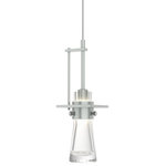 Hubbardton Forge - Erlenmeyer Large Low Voltage Mini Pendant, Clear Glass, Vintage Platinum - Adjustable pendant with thick blown glass cone; large. Aluminum Inspired by the flat-bottomed Erlenmeyer flask, this large pendant is the right choice over an island or to illuminate the most stylish lab ever. With the handcrafted collar encircling the clear, thick blown-glass flask, this design bubbles with design chemistry.