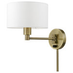 Livex Lighting - 1 Light Antique Brass Swing Arm Lamp - Add this versatile swing arm wall lamp bedside or above a favorite reading chair to enjoy more light where you need it. The antique brass finish is transitional while the off-white fabric shade offers subtle texture.