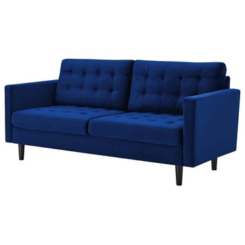 Mid Century Sofa, Velvet Upholstery With Button Tufted Seat & Back, Navy Blue