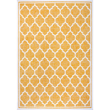 Trebol Moroccan Trellis Textured Weave Indoor/Outdoor, Yellow/Cream, 5 X 8