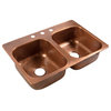 Angelico Copper 33" Double Bowl Drop-In Kitchen Sink With 3 Hole