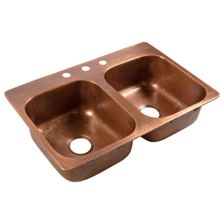 Angelico Copper 33" Double Bowl Drop-In Kitchen Sink With 3 Hole