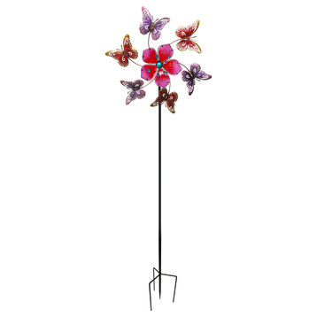 Pink Butterfly Floral Kinetic Wind Spinner Outdoor Garden Sculpture