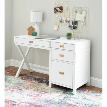 Contemporary Desk, X-Leg & 4 Spacious Drawers With Metal Pull Handles, White