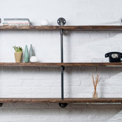 James Bespoke Reclaimed Scaffolding Boards and Distressed Dark Steel Pipe Shelf - Bookcases