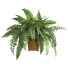 Nearly Natural Boston Fern with Wicker Basket Silk Plant in Green