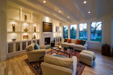 Living room - large farmhouse formal and open concept light wood floor living room idea in Denver with white walls, a standard fireplace, a brick fireplace and no tv