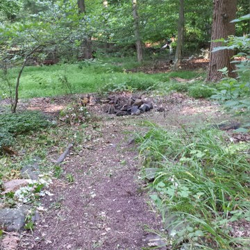 Landscaping and river rock drainage swale