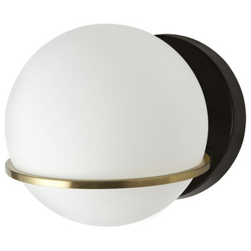 1 Light Halogen Wall Sconce, Matte Black / Aged Brass with White Opal Glass