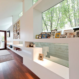 Свежая идея для дизайна: маленькая узкая прихожая в стиле модернизм с белыми стенами, паркетным полом среднего тона, поворотной входной дверью и входной дверью из дерева среднего тона - отличное фото интерьера