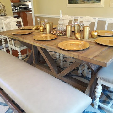 Farm House Country Trestle Table, Genuine Leather Covered Bench and Chairs