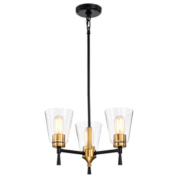 3-Light Black and Antique Brass Chandelier With Clear Cone Glass Shades