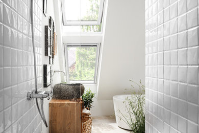 This is an example of a small contemporary 3/4 bathroom in Dusseldorf with a freestanding tub, an open shower, white tile, ceramic tile, white walls, a vessel sink, wood benchtops, beige floor, an open shower and brown benchtops.