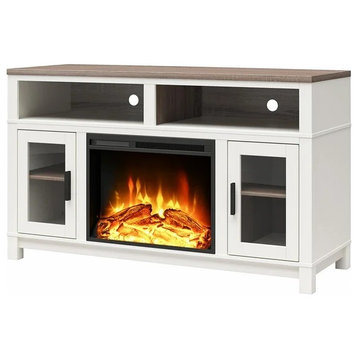 Modern TV Stand, Electric Fireplace & Glass Doors With Cable Management, White