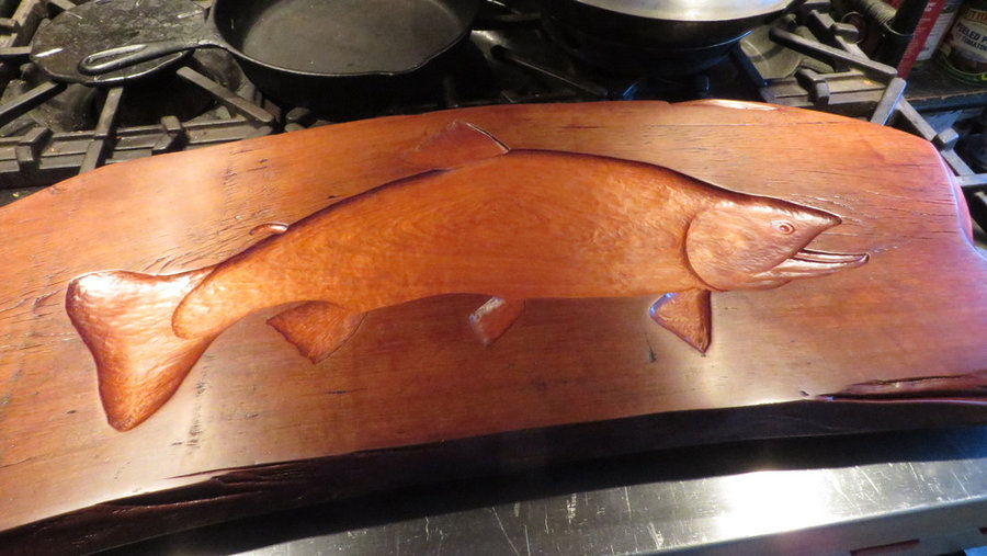 Tray 17025 DETAIL: Big Brook. Antique Cherry, Hand-Carved Trout, Footed, Antler