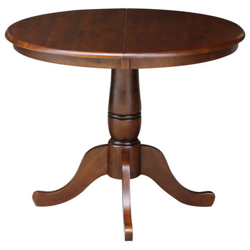 36" Round Top Pedestal Table With 12" Leaf, Espresso, 28.9 Inch High