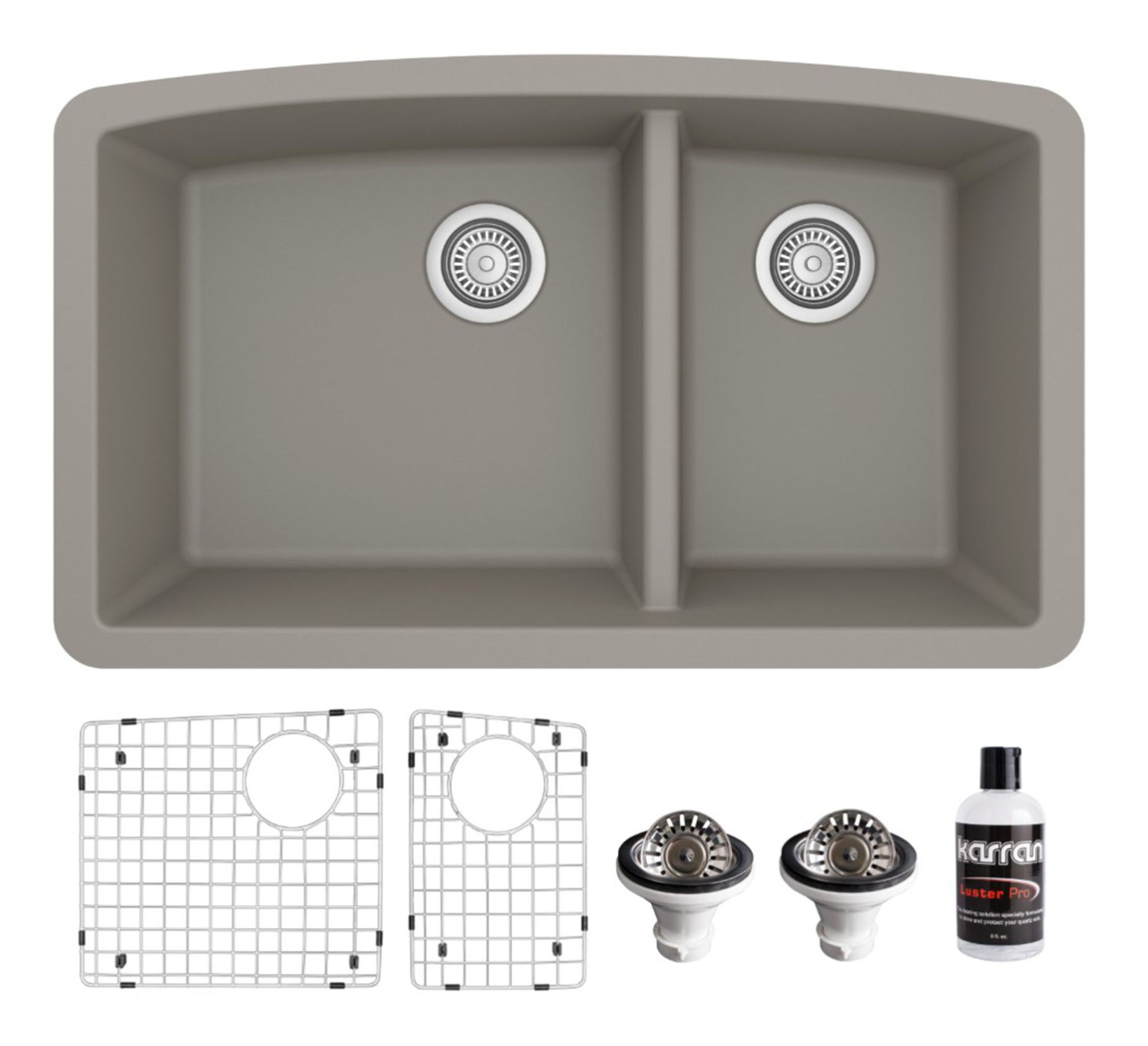 Karran Undermount Quartz 32" 60/40 Double Bowl Kitchen Sink Kit, Concrete