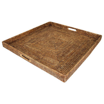 Rattan Brown Tray With  Handle Square 25"