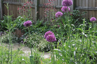 Moderner Garten hinter dem Haus mit Natursteinplatten in Cambridgeshire