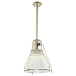 Hudson Valley - Hudson Valley Haverhill One Light Pendant 7315-PN - One Light Pendant from Haverhill collection in Polished Nickel finish. Number of Bulbs 1. Max Wattage 300.00. No bulbs included. Our Haverhill family offers the Hudson Valley twist on an industrial icon, produced in some form by numerous manufacturers. We set ours apart with numerous details, such as the metal-rimmed Fresnel lens glass diffuser which focuses the light for better task lighting. Other details include the knurled thumbscrews at the end of the slender arms securing the vertically embossed shade in place, displaying our commitment to authenticity. No UL Availability at this time.