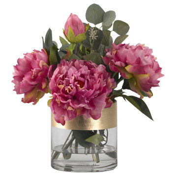 Pink Peonies in Short Glass Cylinder With Gold Stripe