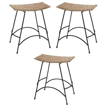 Home Square Metal & Rattan Counter Stool in Black and Natural - Set of 3