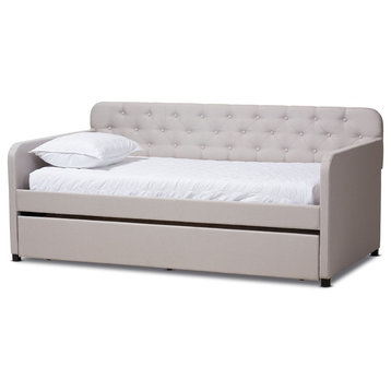 Modern Beige Fabric Upholstered Twin Size Sofa Daybed Roll Out Trundle Guest Bed