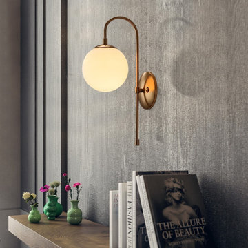 $95.99, Minimalist Metal Curved Arm Aged Brass Single-Light Indoor Sconce with R