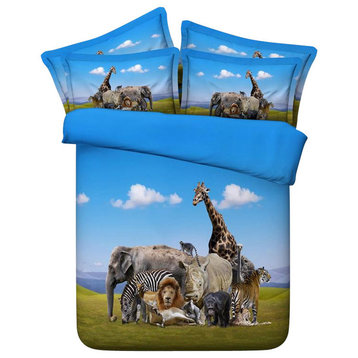 3D Bedding, Safari Animals, 4-Piece Duvet Cover Set, King