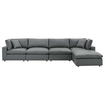 Commix Down Filled Overstuffed Vegan Leather 5-Piece Sectional Sofa, Gray