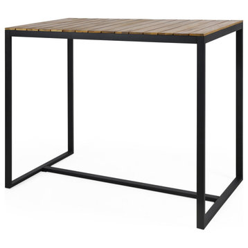 Ernesto Outdoor Industrial Acacia Wood Bar Table, Teak Finish/Black