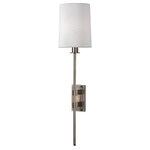 Hudson Valley Lighting - Fredonia, 1 Light, Wall Sconce, Antique Nickel Finish, White Faux Silk Shade - Imaginatively taking the idea of the wall-mounted torch from the old world, Fredonia is impressive in its size and simplicity. Its stepped-metal backplate holds forth a long, delicate arm that is cut at a bias on the end, exposing the diamond shape of the metal. The lampshade is generously sized, complementing the poised arm that holds aloft the light.