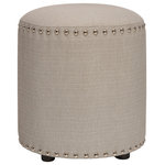 Hillsdale Furniture - Hillsdale Laura Round Backless Upholstered Vanity Stool, Light Linen Gray - Who knew simple could be so beautiful – and versatile? Classy and clean, this backless vanity stool is striking in silhouette and well-versed in function. On busy mornings, pull this soft vanity stool up to the bathroom or bedroom vanity. After work, pull this vanity seat into the living room as an ottoman or an extra seat for game night fun. Upholstered in light gray linen and sturdy wood legs, this vanity stool creates an intriguing silhouette while two rows of silver nail heads add a pop of personality. Easy to assemble and  blends seamlessly with any décor.