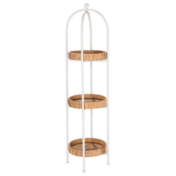 Bamboo Style Metal Shelf With Rattan Trays, White